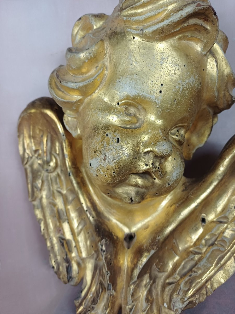 Paire de têtes d'Anges bois doré putti chérubin 18ème -photo-2