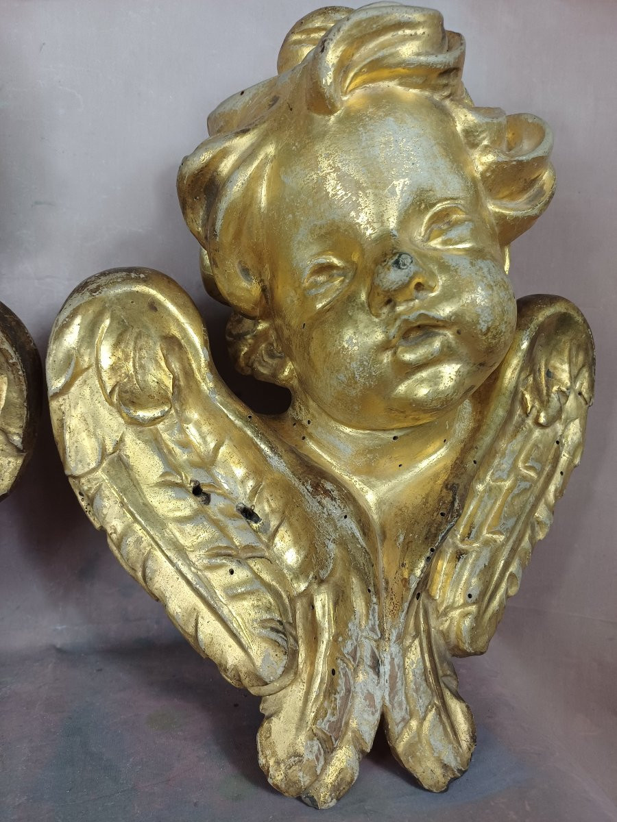 Paire de têtes d'Anges bois doré putti chérubin 18ème -photo-3