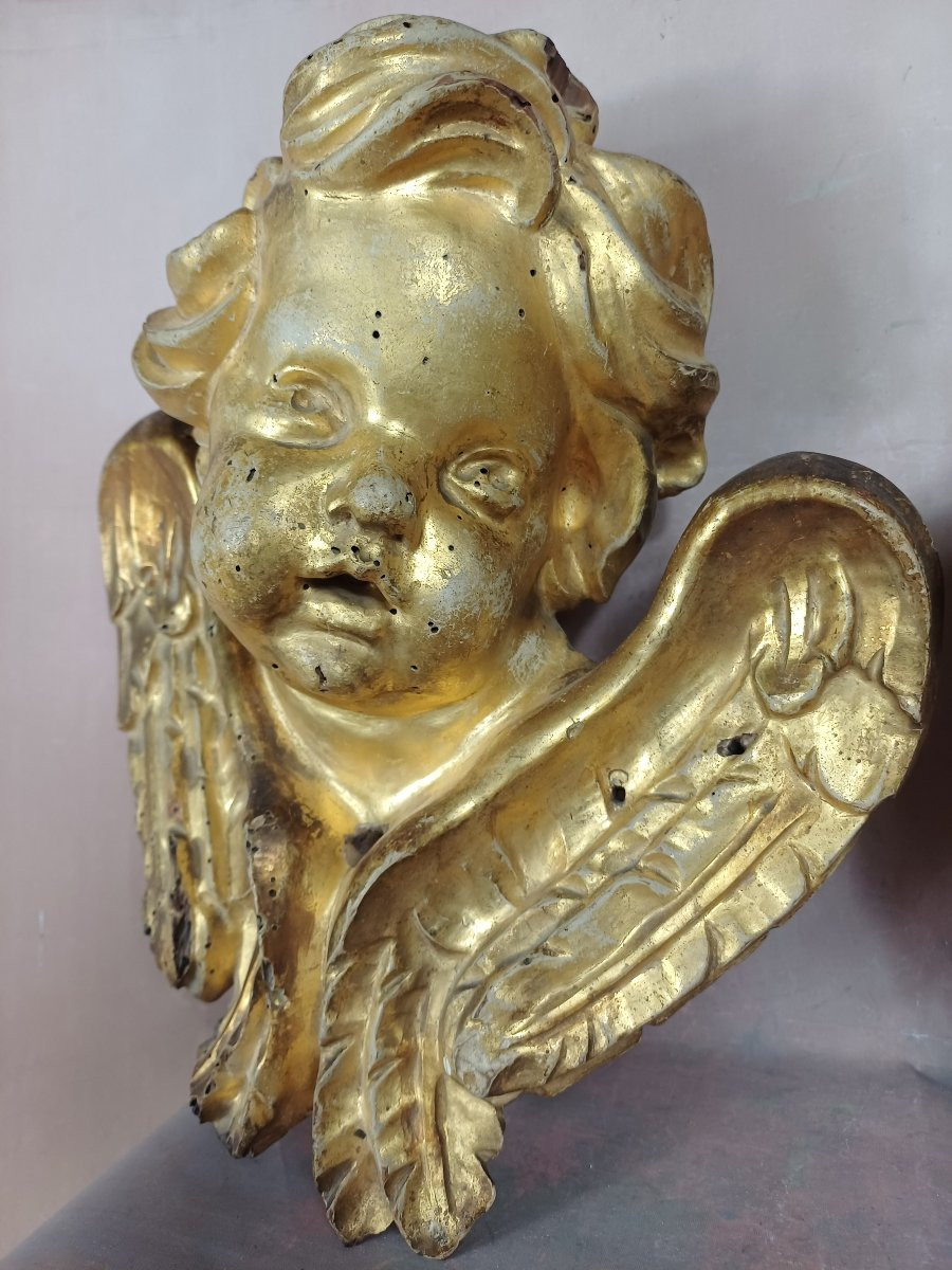 Paire de têtes d'Anges bois doré putti chérubin 18ème -photo-4