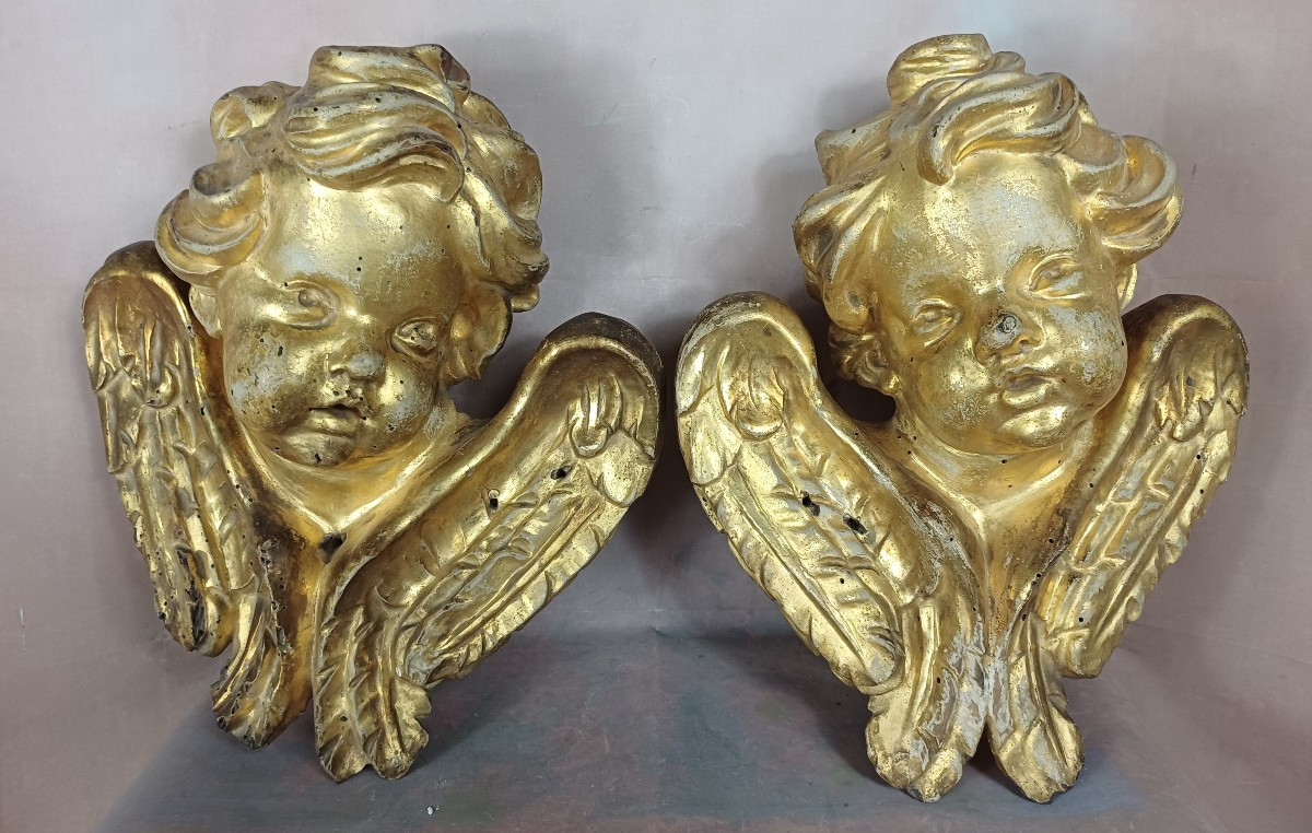 Paire de têtes d'Anges bois doré putti chérubin 18ème 