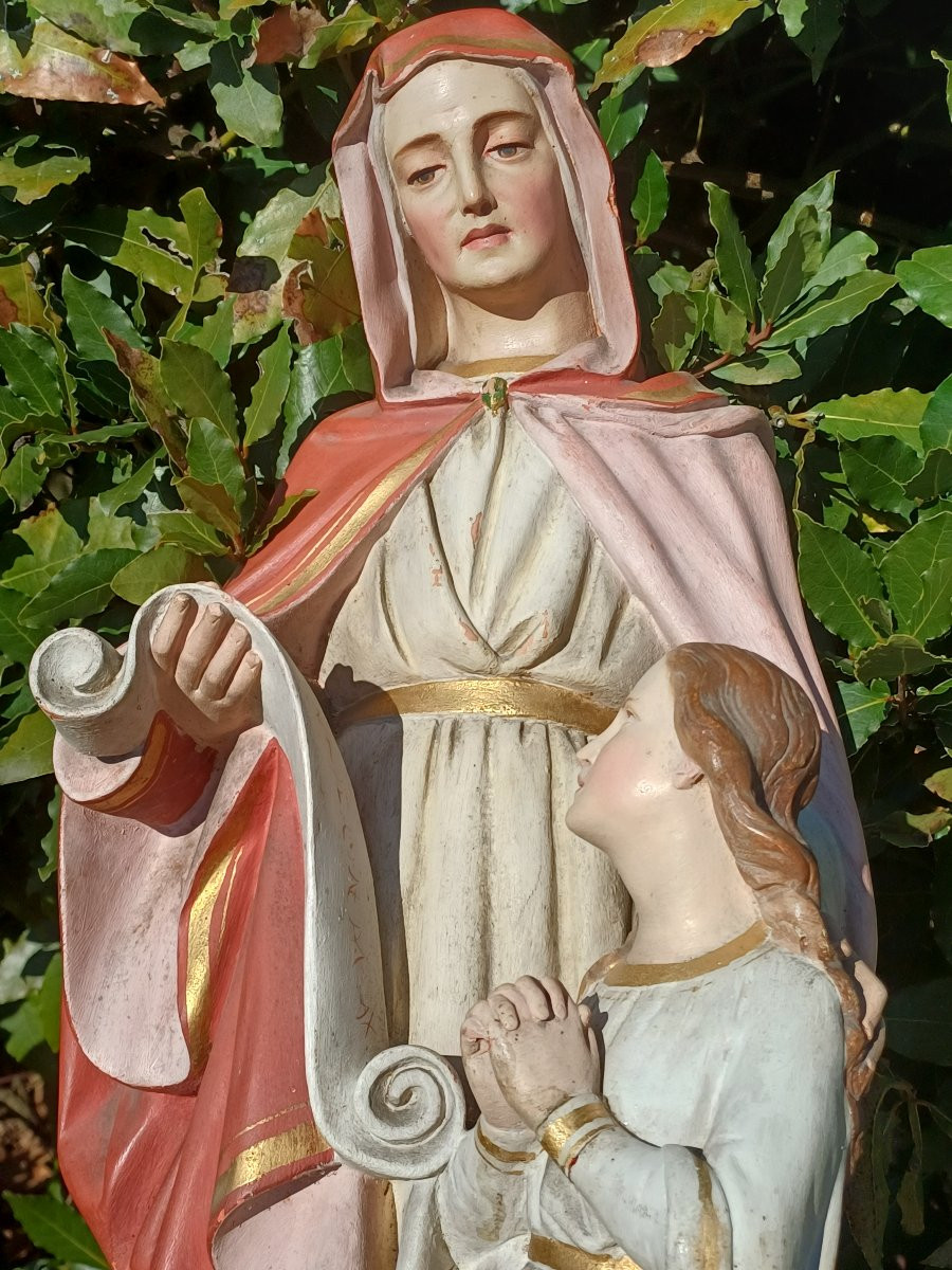 Statue d'église Ste Anne et l'enfant Marie, terre cuite-photo-3