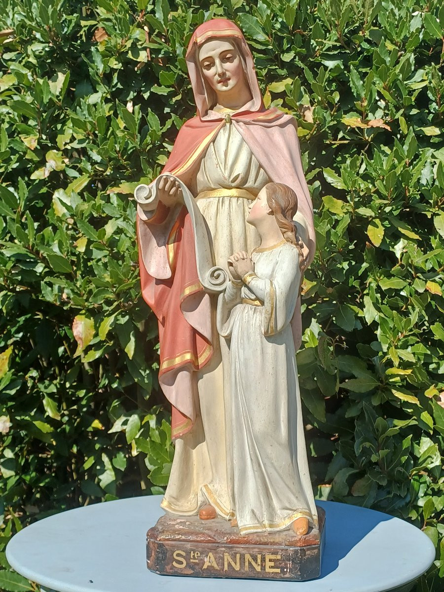Statue d'église Ste Anne et l'enfant Marie, terre cuite-photo-1