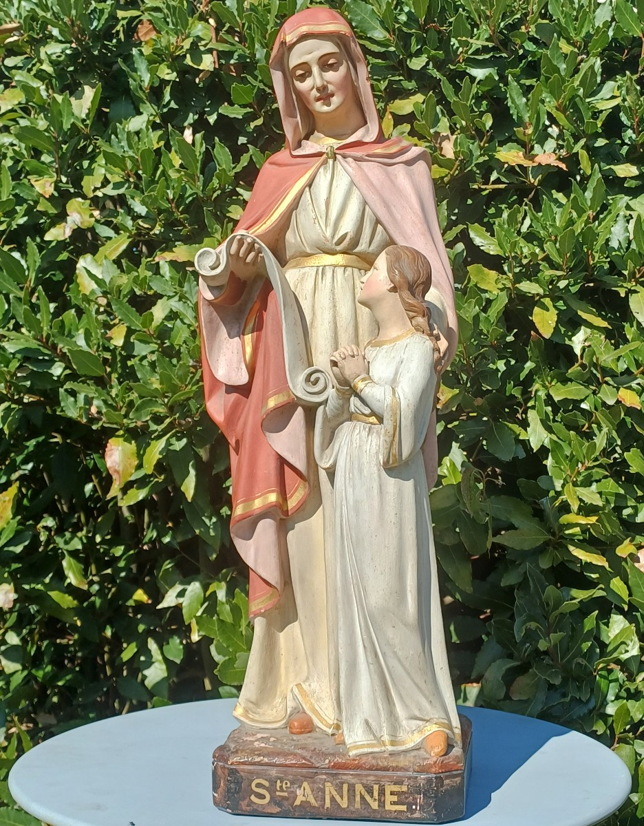 Statue d'église Ste Anne et l'enfant Marie, terre cuite