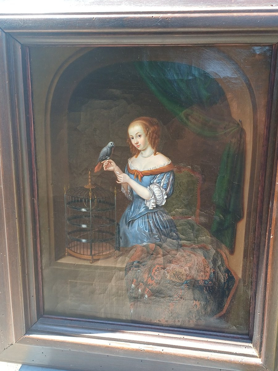 Hst Woman Feeding A Parrot Flemish School Of Aptres Jacob Ochtervelt-photo-3