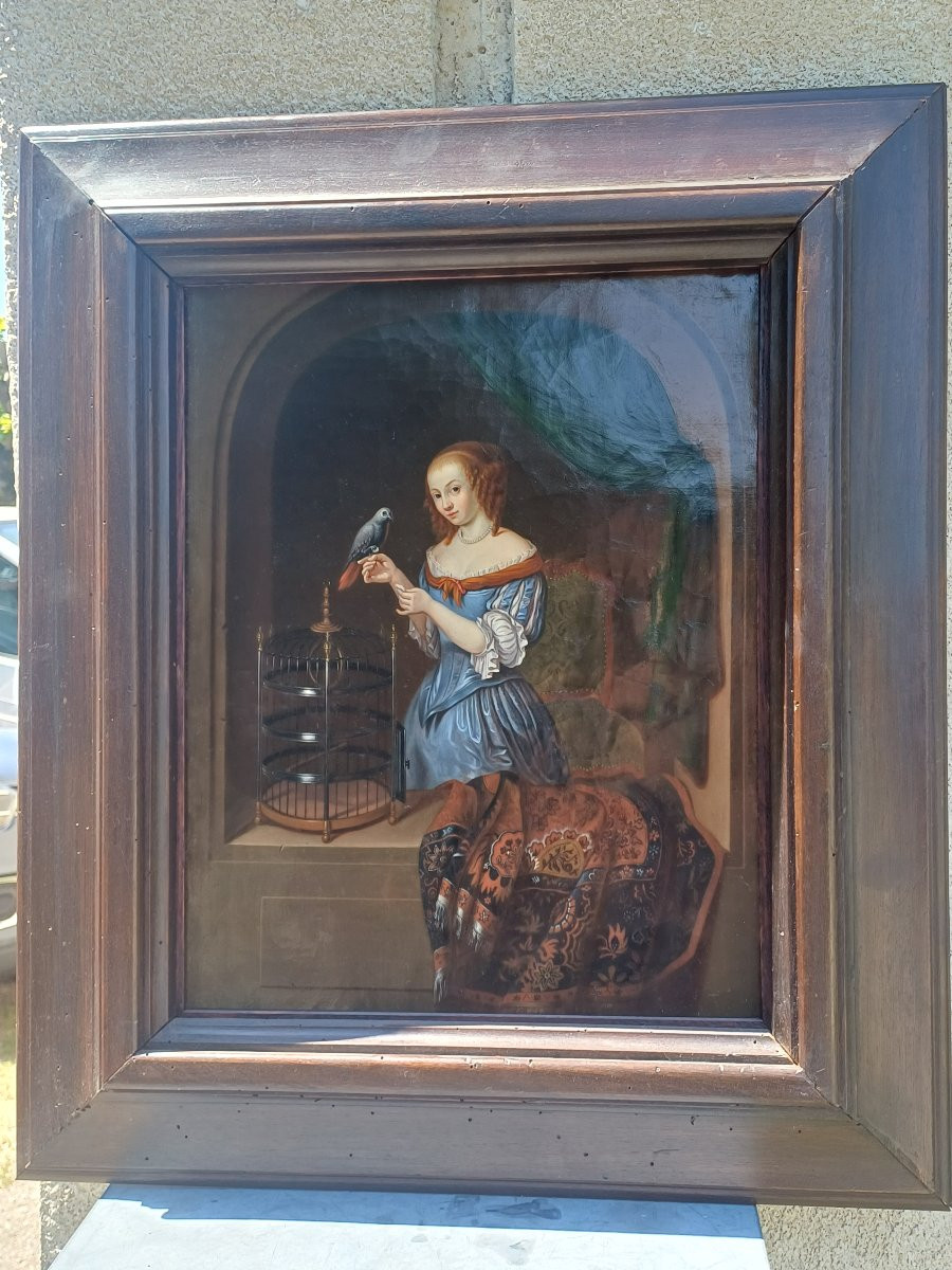 Hst Woman Feeding A Parrot Flemish School Of Aptres Jacob Ochtervelt-photo-4