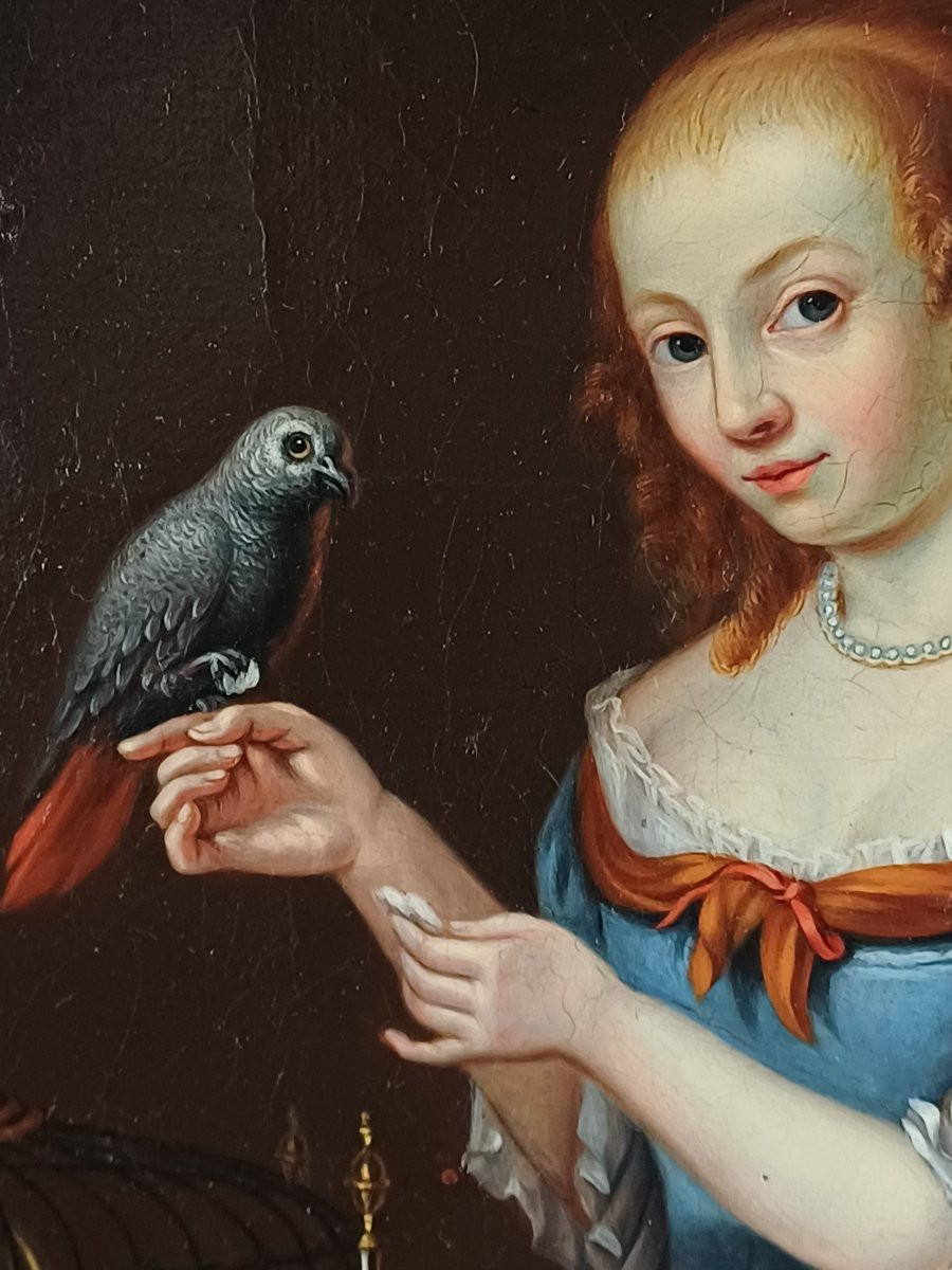 Hst Woman Feeding A Parrot Flemish School Of Aptres Jacob Ochtervelt-photo-2