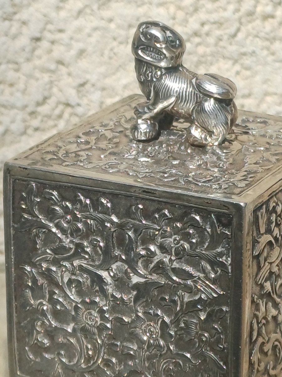 Boite au lion gardien Chien Fo argent massif Chine-photo-3