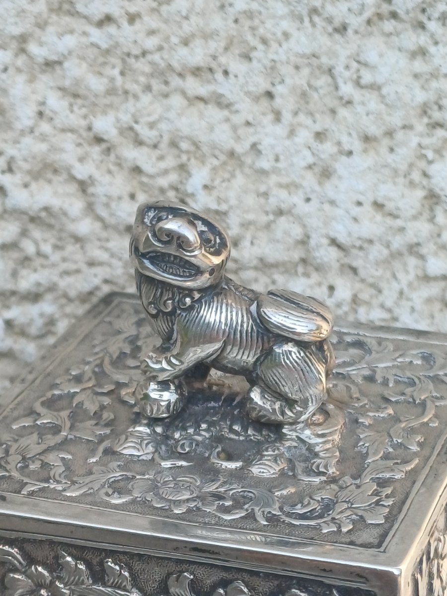 Boite au lion gardien Chien Fo argent massif Chine-photo-4