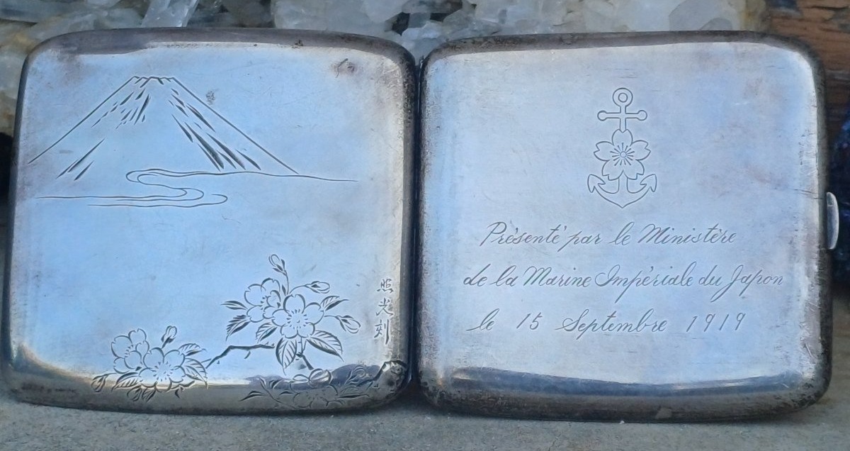 Etui a cigarette argent massif Marine Impériale du Japon Mont Fuji-photo-2