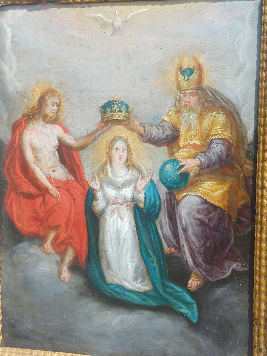 Peinture sur cuivre XVIIeme couronnement de la Vierge par la Sainte Trinité -photo-2