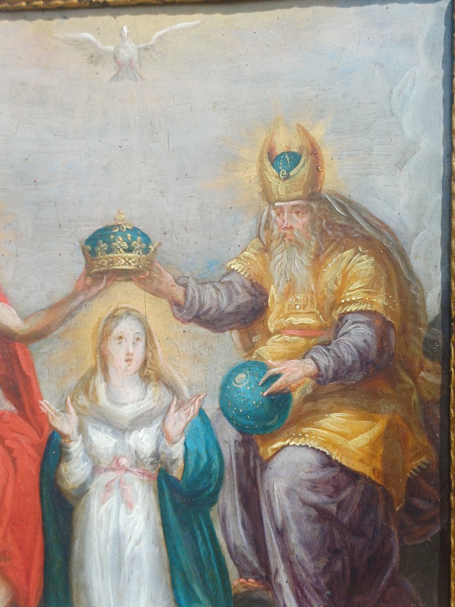 Peinture sur cuivre XVIIeme couronnement de la Vierge par la Sainte Trinité -photo-4