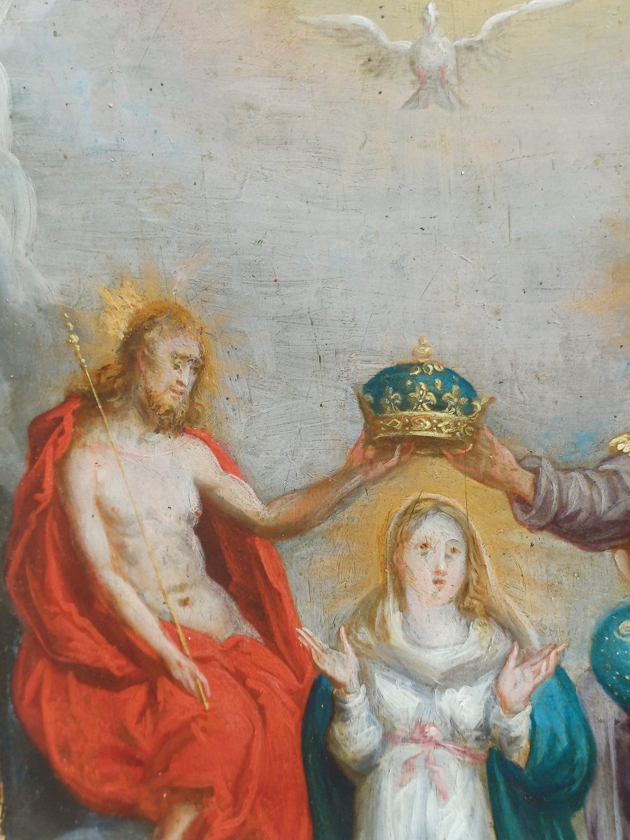 Peinture sur cuivre XVIIeme couronnement de la Vierge par la Sainte Trinité -photo-1