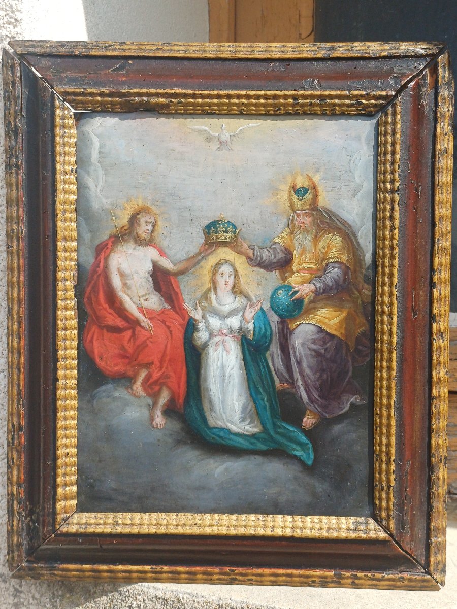 Peinture sur cuivre XVIIeme couronnement de la Vierge par la Sainte Trinité 