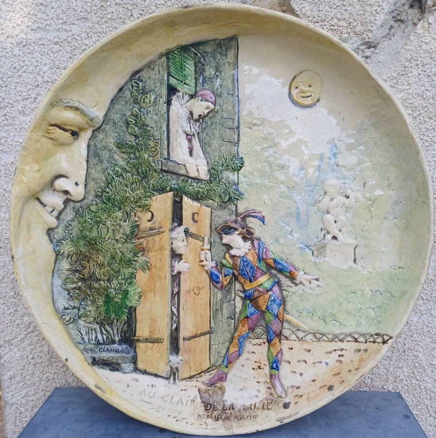 Plat céramique Max Claudet 1892 "Au clair de la Lune, mon ami Pierrot"-photo-2