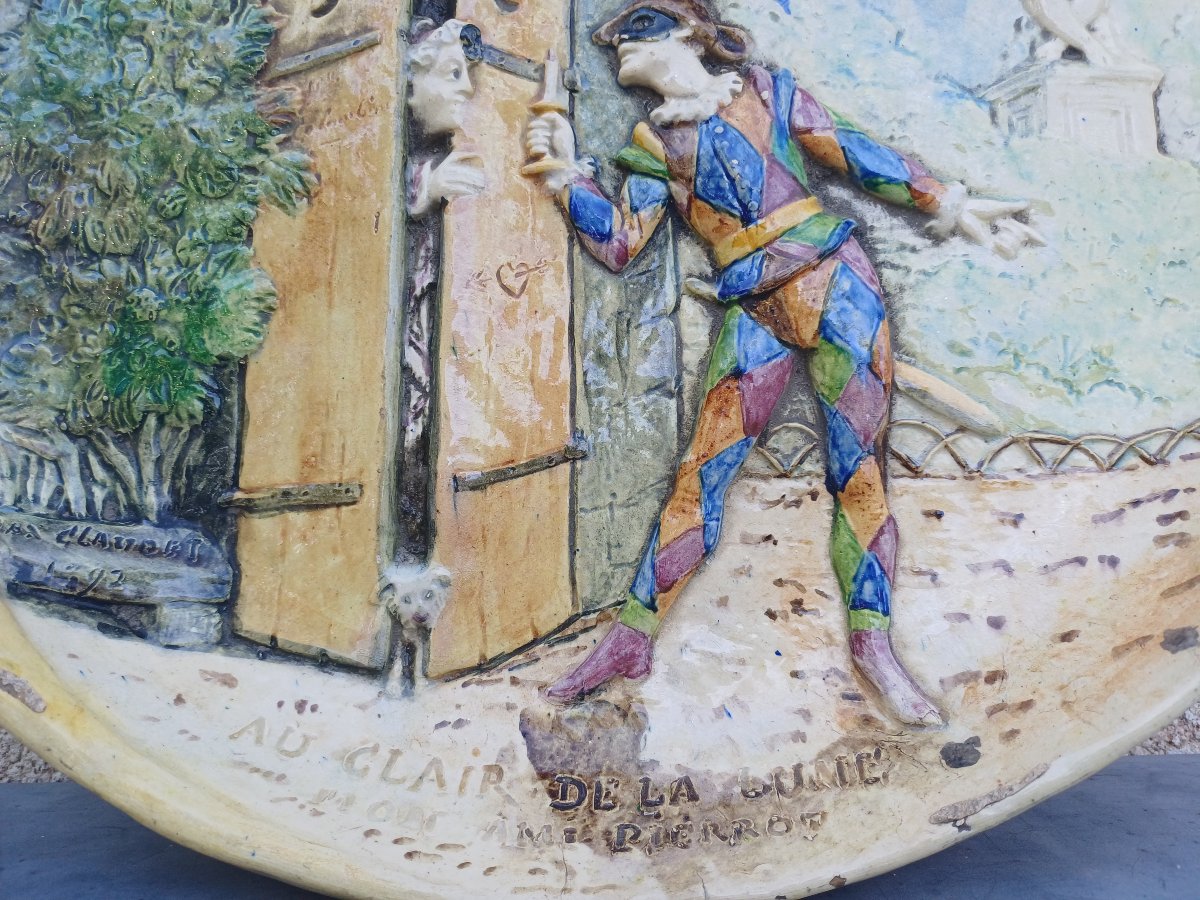 Plat céramique Max Claudet 1892 "Au clair de la Lune, mon ami Pierrot"-photo-4