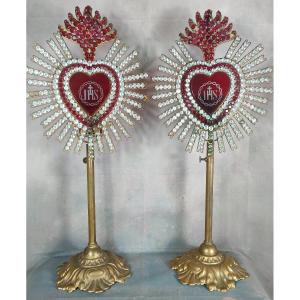 Large Pair Of Ex-voto Candlestick Heart Of Mary Reliquary