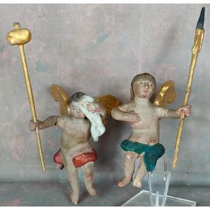 Pair Of Polychrome Wood Angels 18th 18th Century 