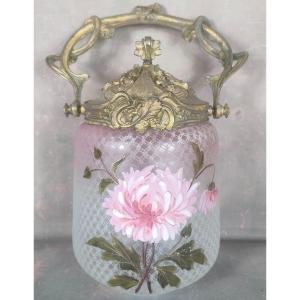 Enameled Biscuit Bucket With Dahlia Flower Gilt Bronze