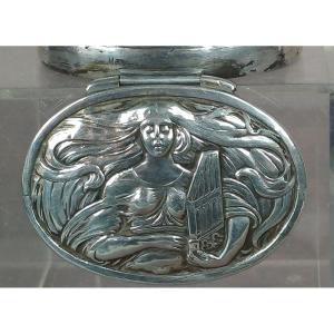 Boite argent massif anglais Ste Cécile femme art nouveau 