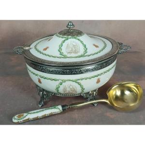 Porcelain And Sterling Silver Broth Bowl With Napoleon Empire Decor 
