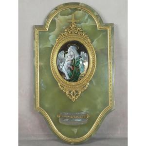 Grand bénitier onyx vert et bronze doré, émail de Limoges