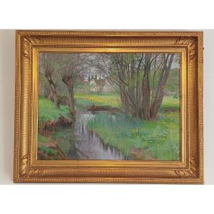 Hst Henri Laurent Desrousseaux bord de  rivière au printemps