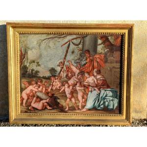 Hst Fantaisie de putti autour de la Ste Famille fin 18ème XVIIIème