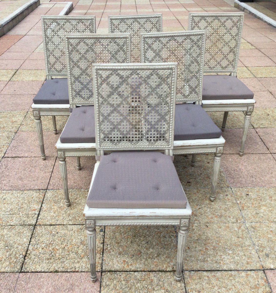 Suite Of Six Louis XVI Cane Chairs In Rechampi Wood. -photo-2