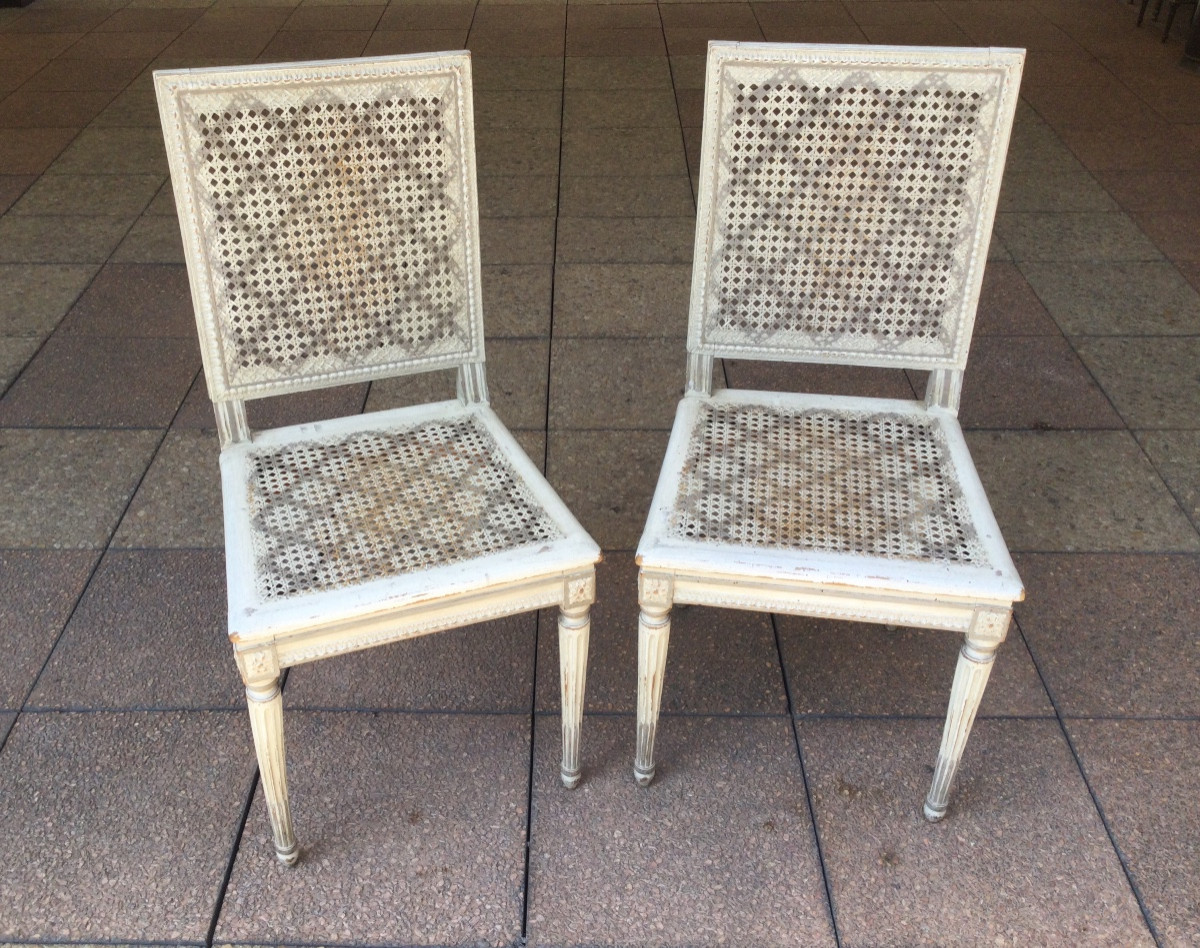 Pair Of Louis XVI Cane Chairs In Rechampi Wood. -photo-4
