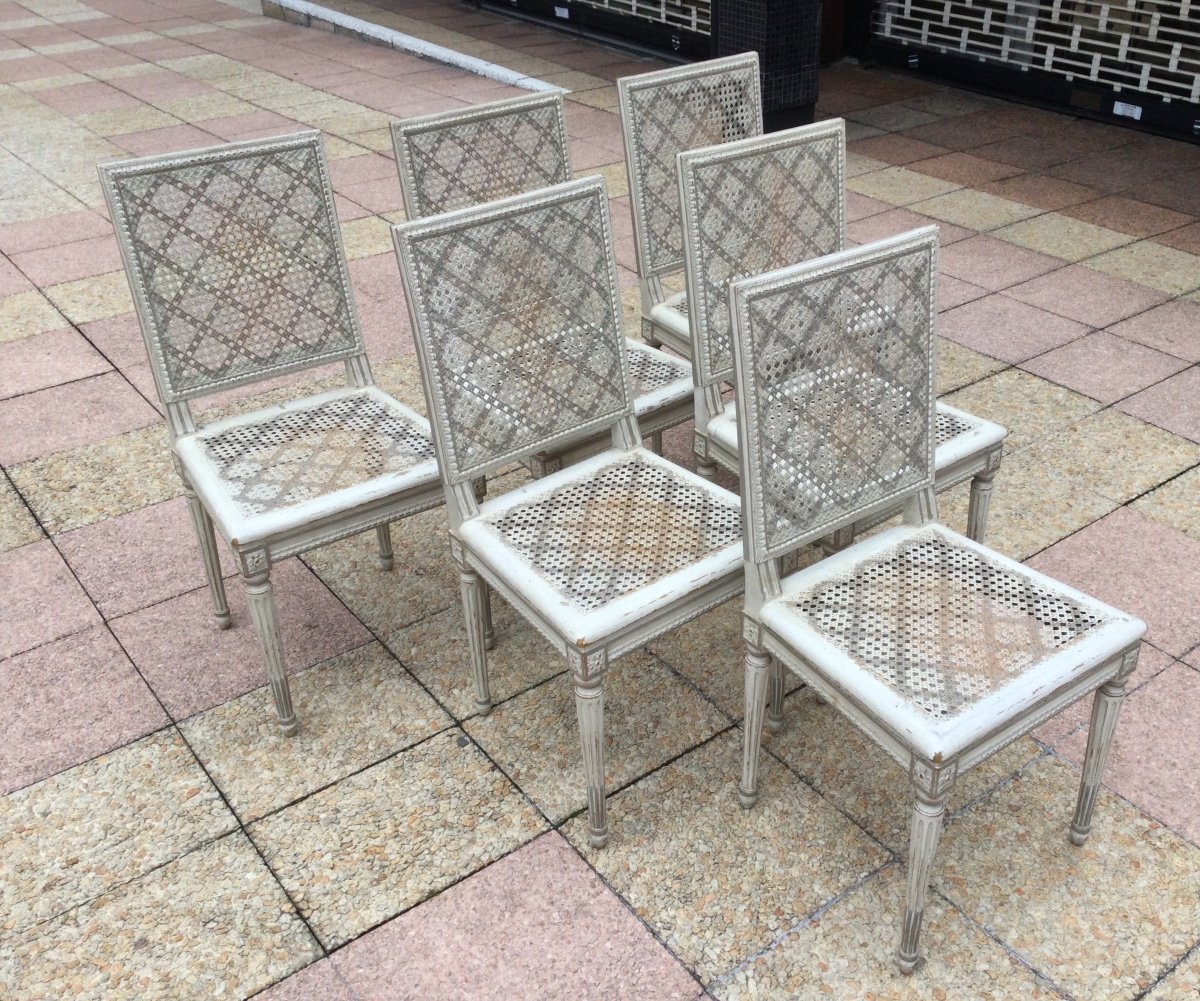 Suite Of Six Louis XVI Cane Chairs In Rechampi Wood. -photo-3