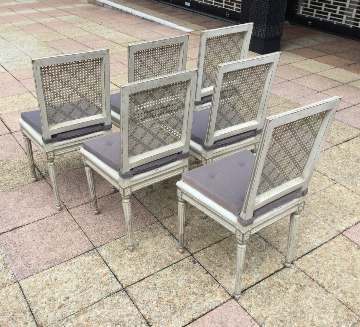 Suite Of Six Louis XVI Cane Chairs In Rechampi Wood. -photo-1