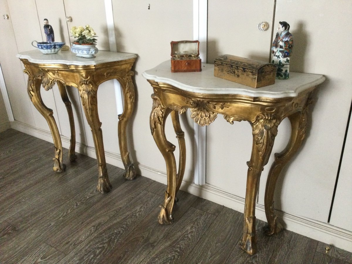 Pair Of Carved And Gilded Wood Consoles From The 18th Century