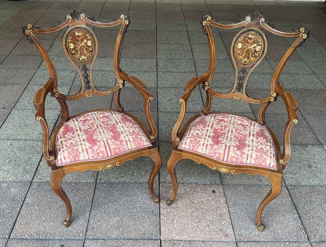 A Pair Of Marquetry Armchairs.