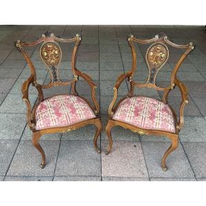 A Pair Of Marquetry Armchairs.