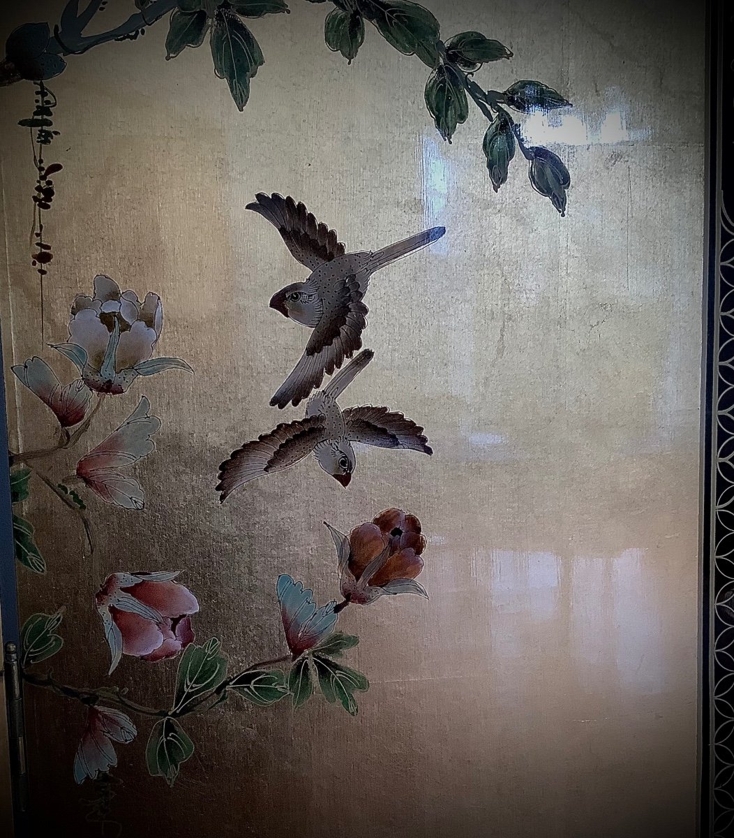 Paravent Laqué 4 Feuilles à Double Face Dans Le Goût Chinois Circa 1970-photo-6