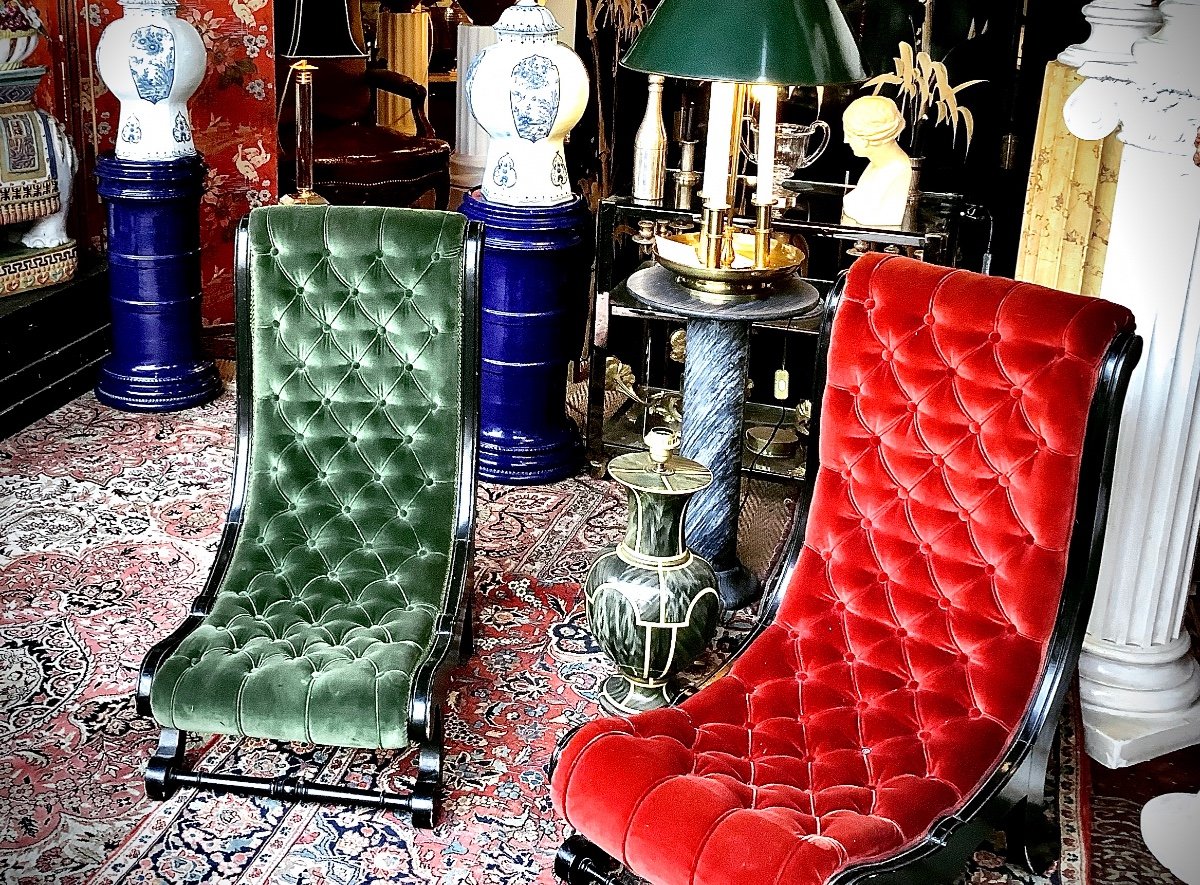Pair Of Low Armchairs In Black Lacquered Wood. Circa XIX Eme-photo-5