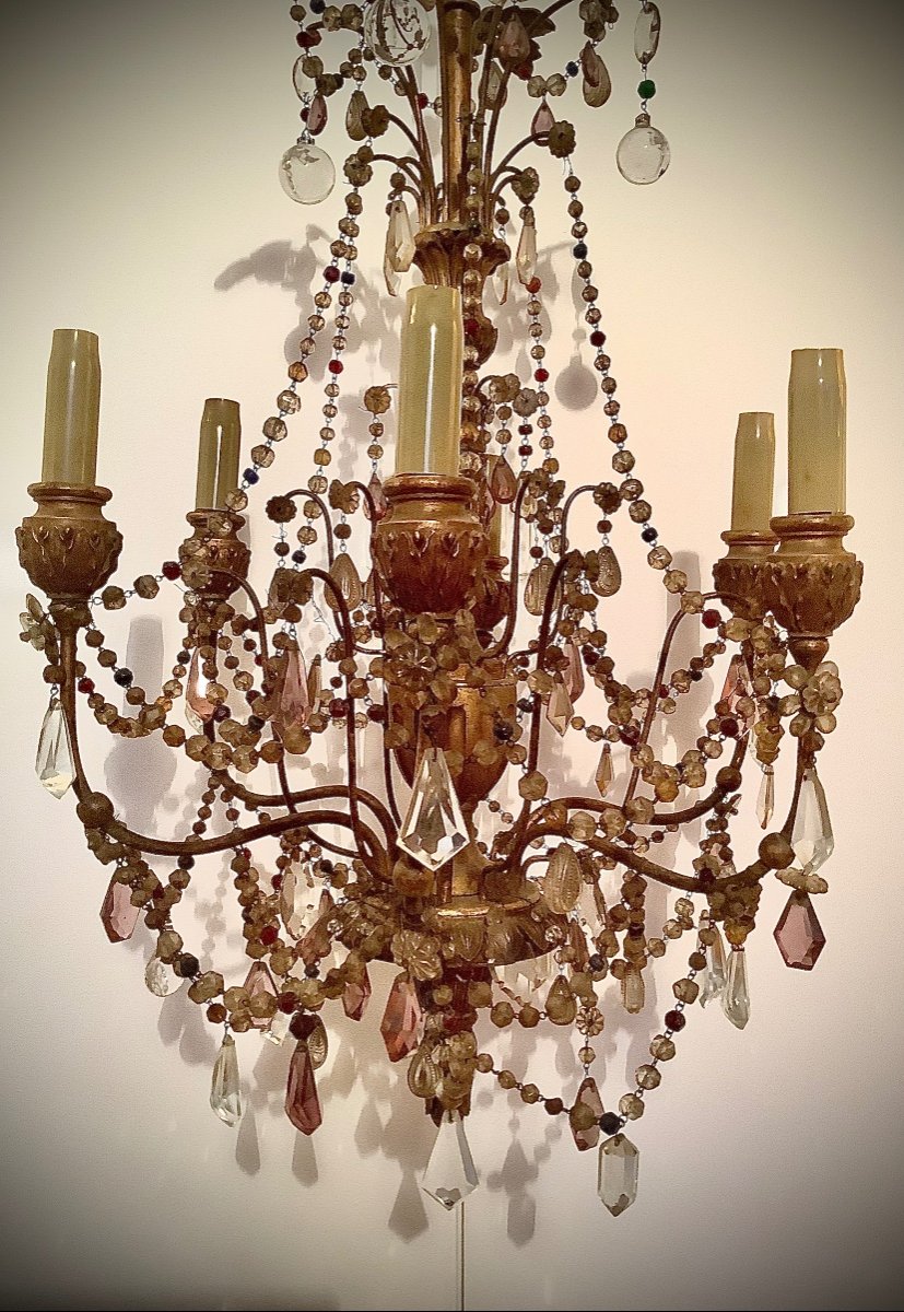 Louis XVI Style Chandelier With Six Branches Metal And Golden Wood Early XX Eme-photo-2