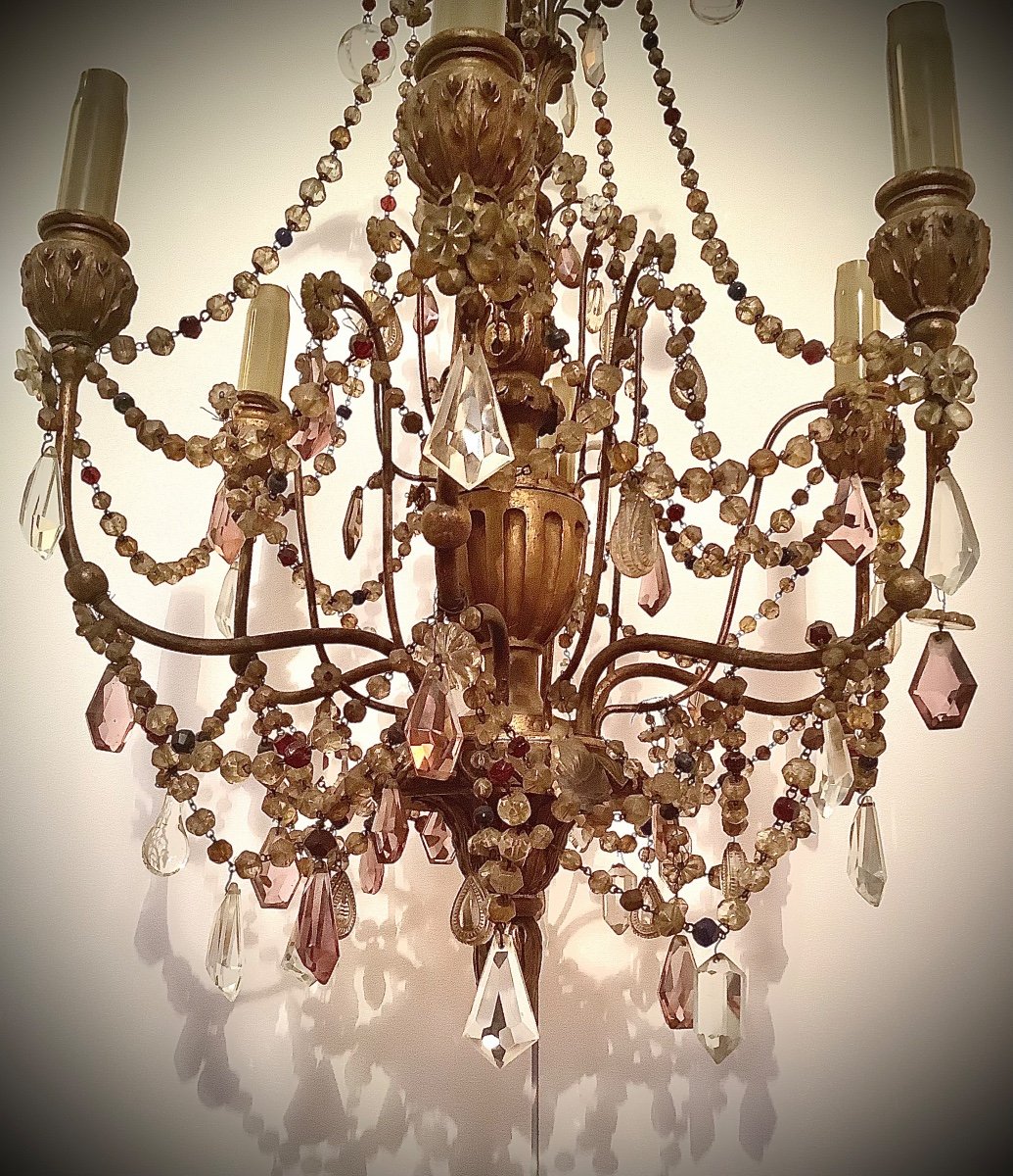 Louis XVI Style Chandelier With Six Branches Metal And Golden Wood Early XX Eme-photo-3
