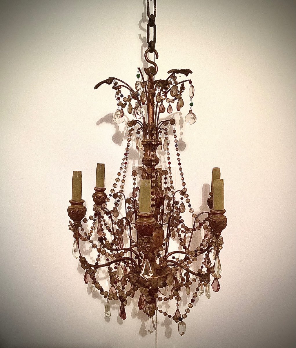 Louis XVI Style Chandelier With Six Branches Metal And Golden Wood Early XX Eme