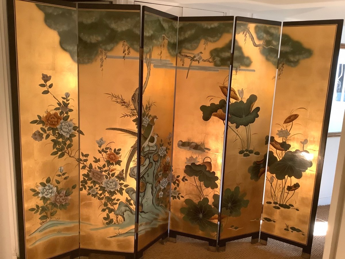 Paravent Laqué 6 Feuilles à Double Face Dans Le Goût D’un Byobu Japonais  -photo-2