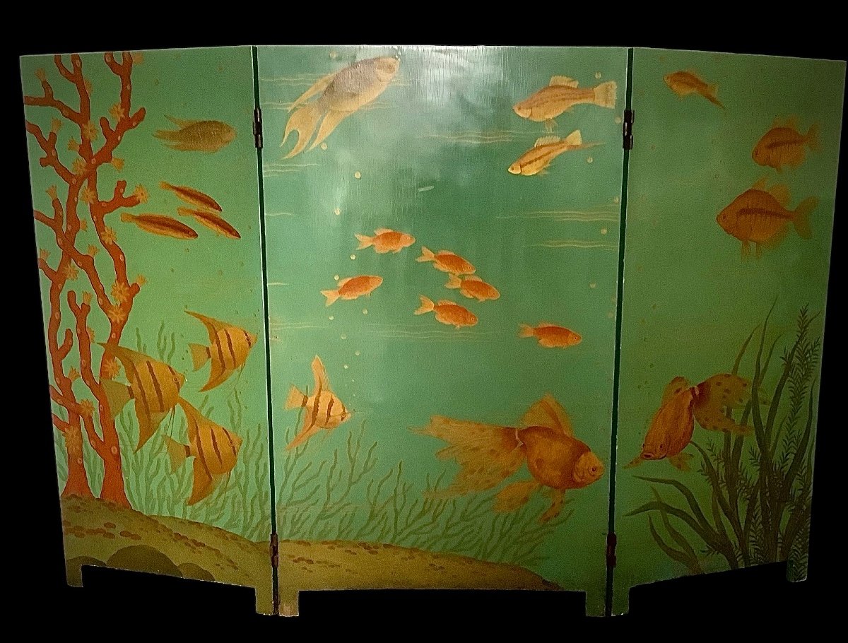 Dans Le Goût De Kaiko Moti Paravent Aux Poissons  Laqué Vert Circa 1950-photo-2
