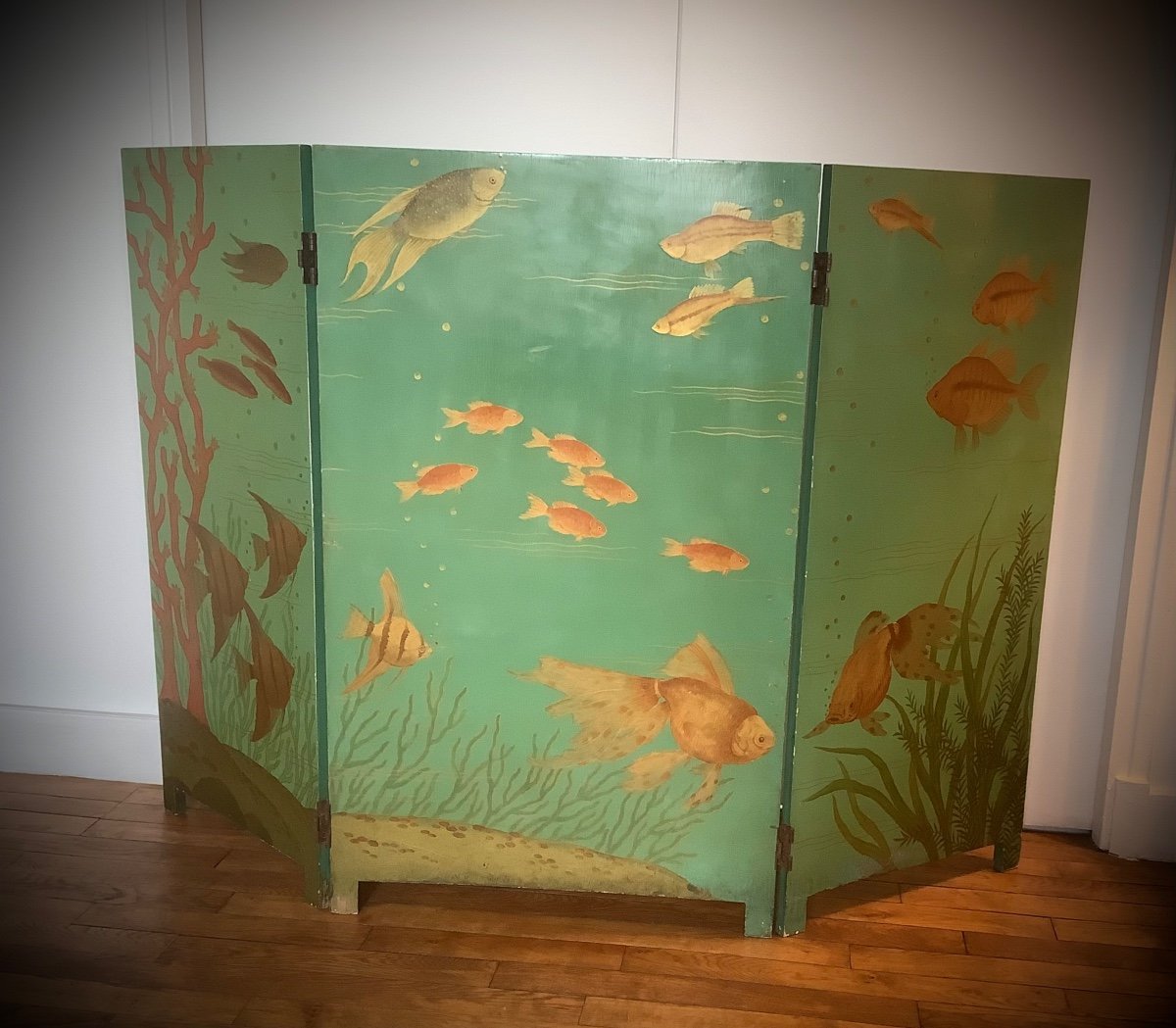 Dans Le Goût De Kaiko Moti Paravent Aux Poissons  Laqué Vert Circa 1950-photo-2