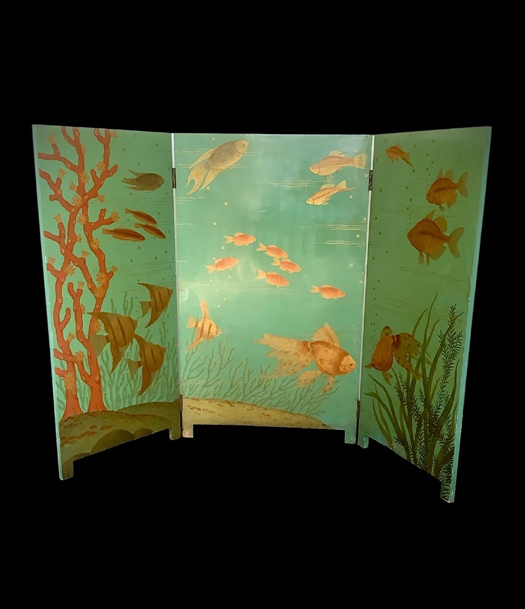 Dans Le Goût De Kaiko Moti Paravent Aux Poissons  Laqué Vert Circa 1950