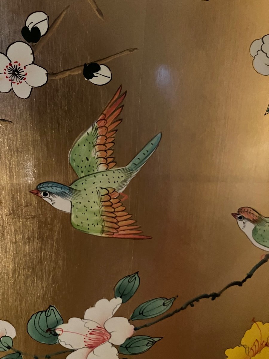 Paravent Laqué 4 Feuilles à Double Face Dans Le Goût D’un  Byobu Japonais. Circa 1970 -photo-4