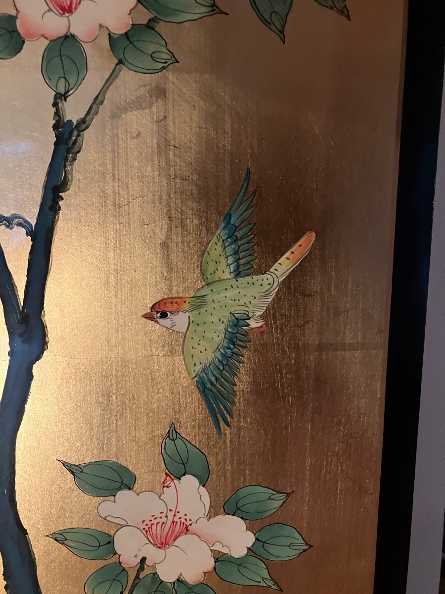 Paravent Laqué 4 Feuilles à Double Face Dans Le Goût D’un  Byobu Japonais. Circa 1970 -photo-5