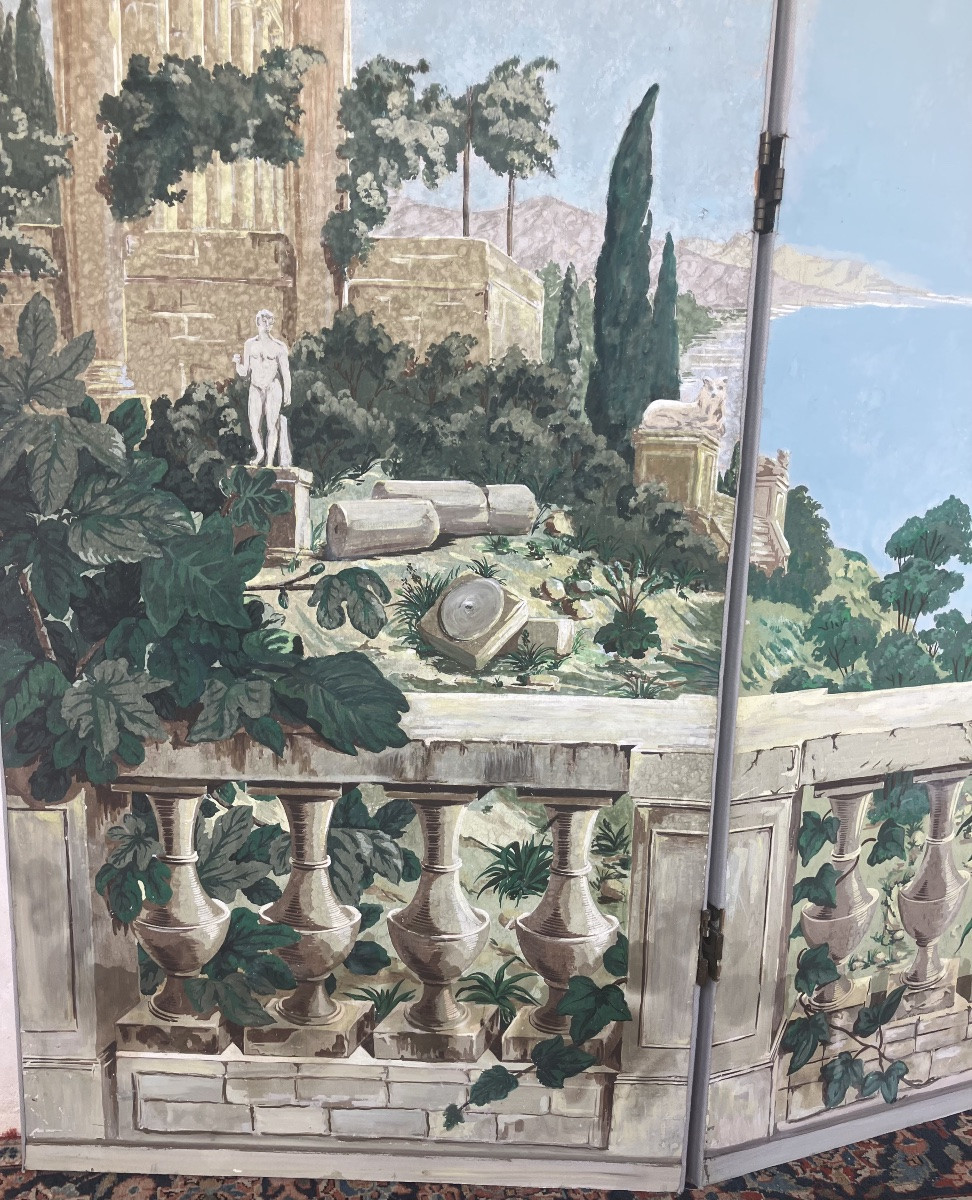 Paravent Peint 3 Feuilles Dans Le Goût De Zuber Ou Dufour. Inspiré De Hubert Robert.  Début XX -photo-1