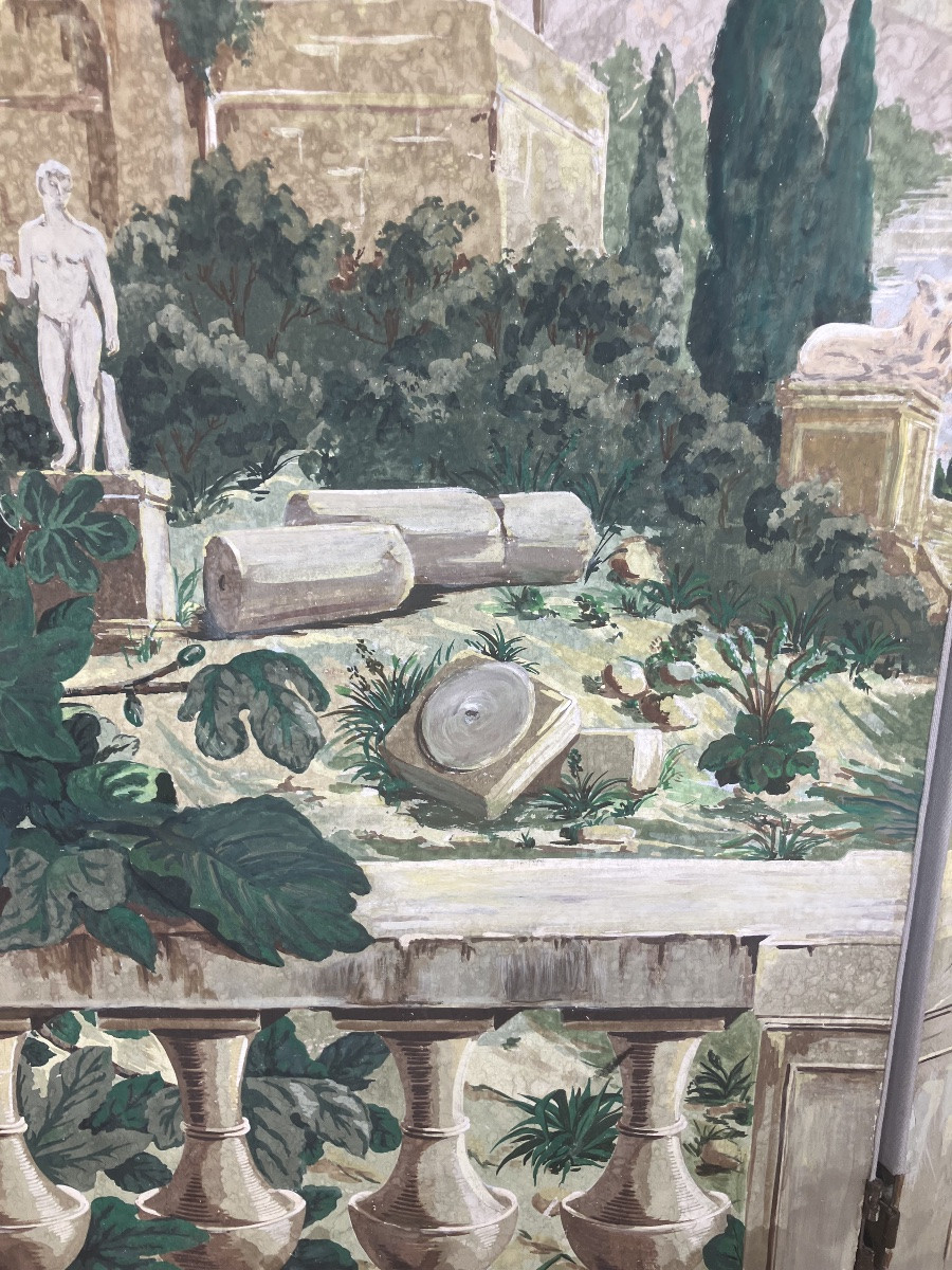 Paravent Peint 3 Feuilles Dans Le Goût De Zuber Ou Dufour. Inspiré De Hubert Robert.  Début XX -photo-5