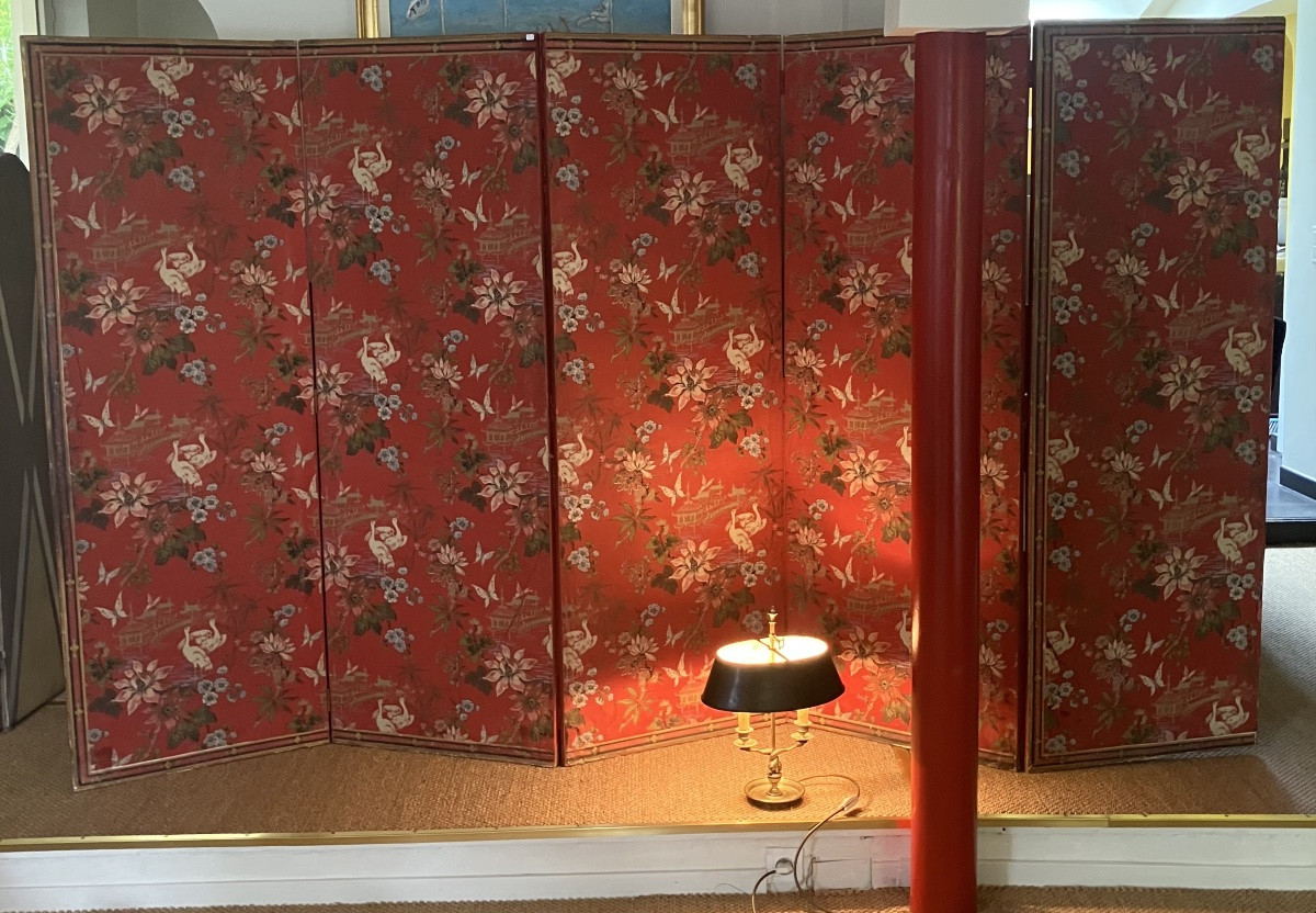 Important 5-leaf Screen Decorated With Chinoiserie, Early 20th Century -photo-3