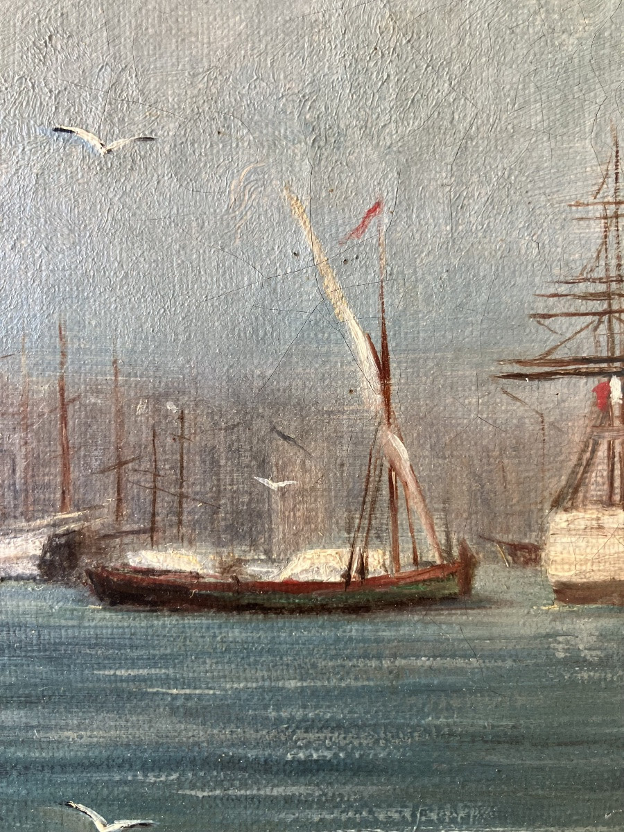 Huile sur toile Marine XIX ème entrée du port de Marseille-photo-1