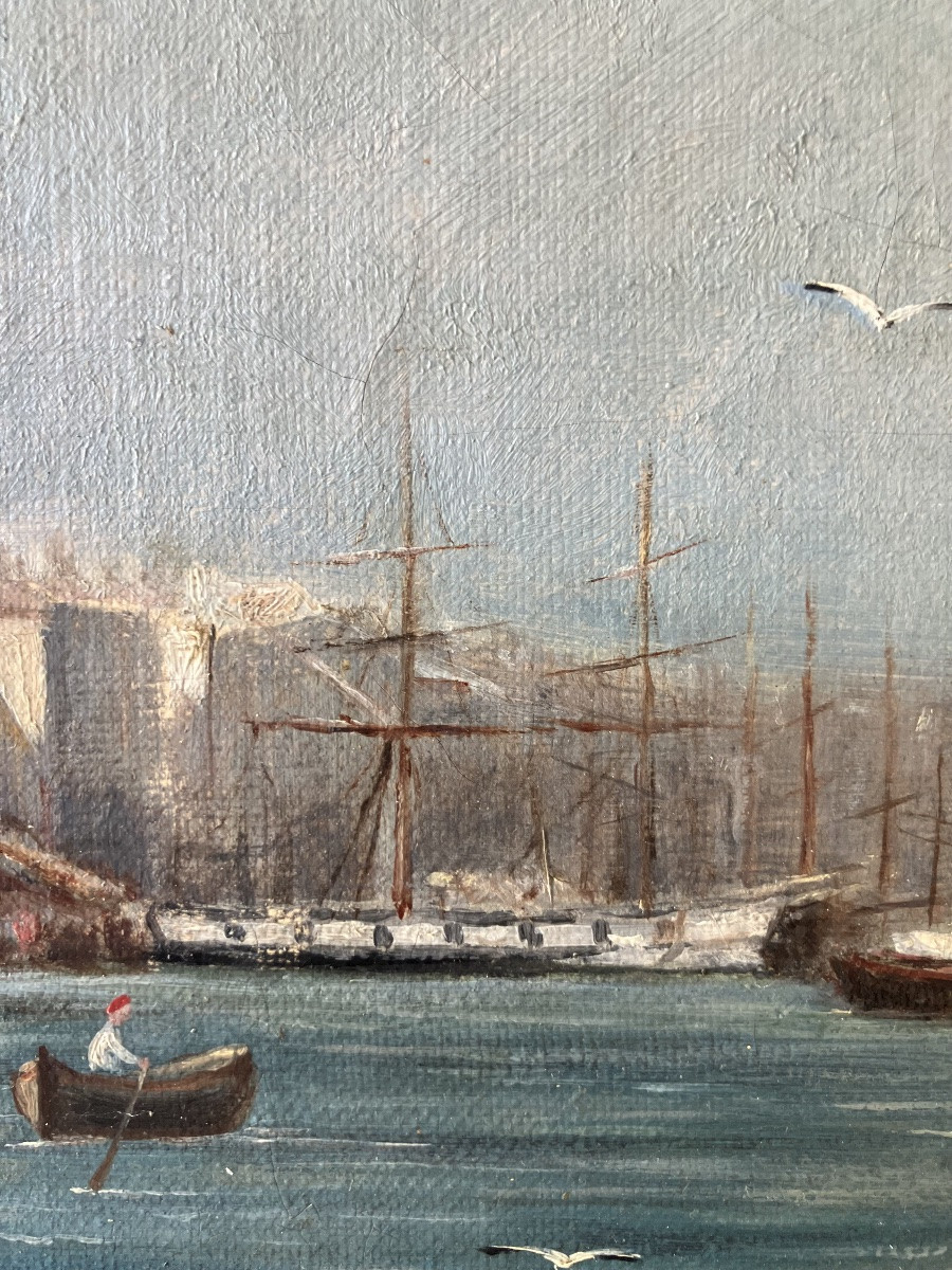Huile sur toile Marine XIX ème entrée du port de Marseille-photo-2